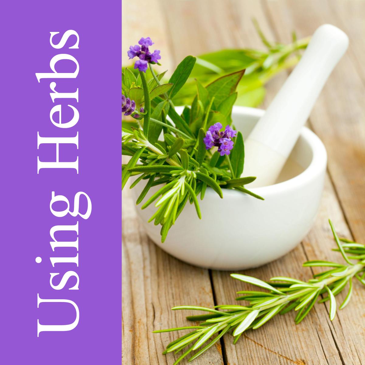 fresh herbs in a white mortar with pestle